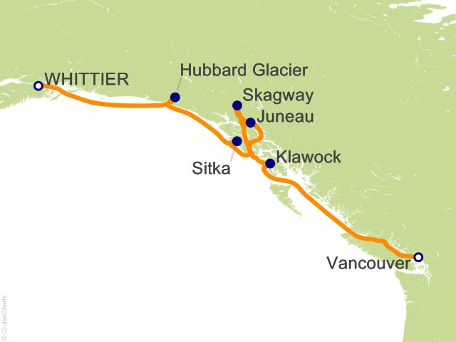 Regent Seven Seas Explorer voyage EXP260805 itinerary map from Whittier to Vancouver