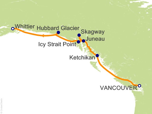 Regent Seven Seas Explorer voyage EXP260701 itinerary map from Vancouver to Seward