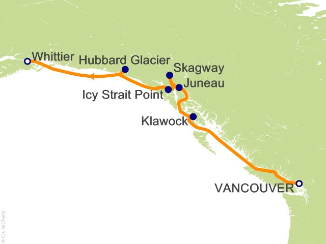 Regent Seven Seas Explorer voyage EXP260826 itinerary map from Vancouver to Whittier