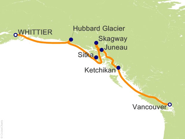 Regent Seven Seas Explorer voyage EXP260902 itinerary map from Whittier to Vancouver