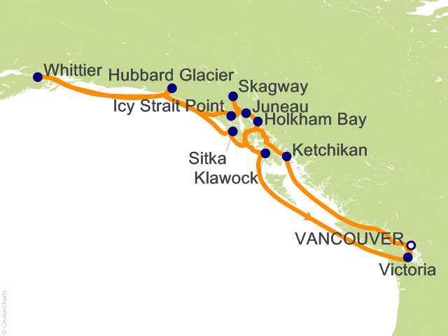 Regent Seven Seas Explorer voyage EXP260812A itinerary map from Vancouver to Vancouver