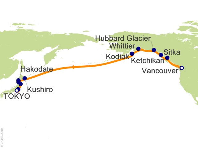 Regent Seven Seas Explorer voyage EXP260503 itinerary map from Tokyo to Vancouver