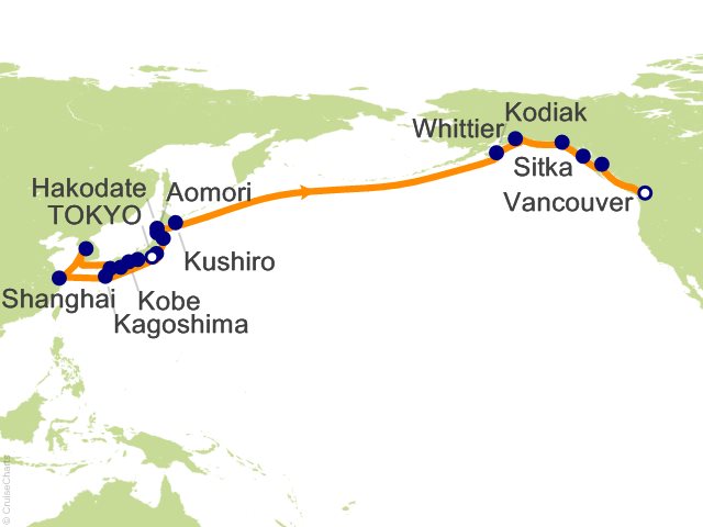 Regent Seven Seas Explorer voyage EXP260419A itinerary map from Tokyo to Vancouver