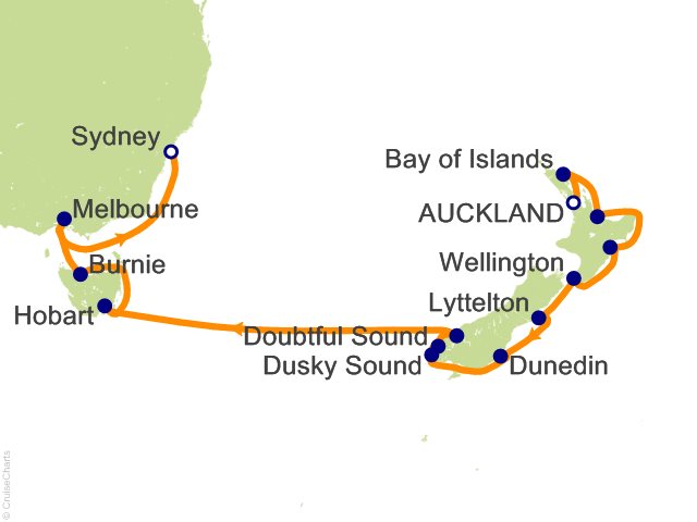 Regent Seven Seas Explorer voyage EXP260112 itinerary map from Auckland to Sydney