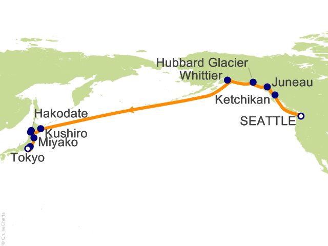 Regent Seven Seas Explorer voyage EXP260930 itinerary map from Seattle to Tokyo