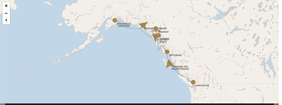 Regent Seven Seas Explorer voyage EXP260812 itinerary map from Vancouver to Whittier