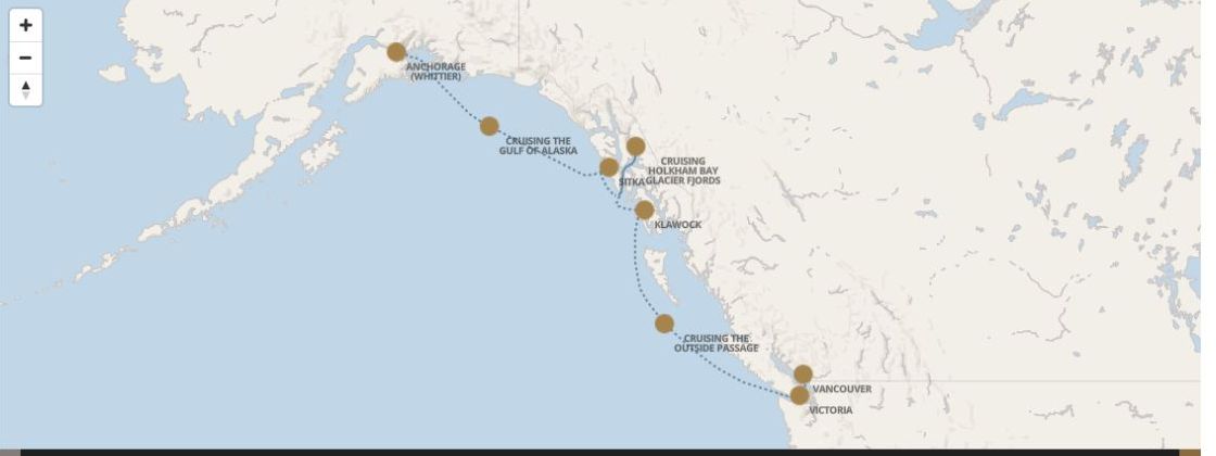 Regent Seven Seas Explorer voyage EXP260819 itinerary map from Whittier to Vancouver