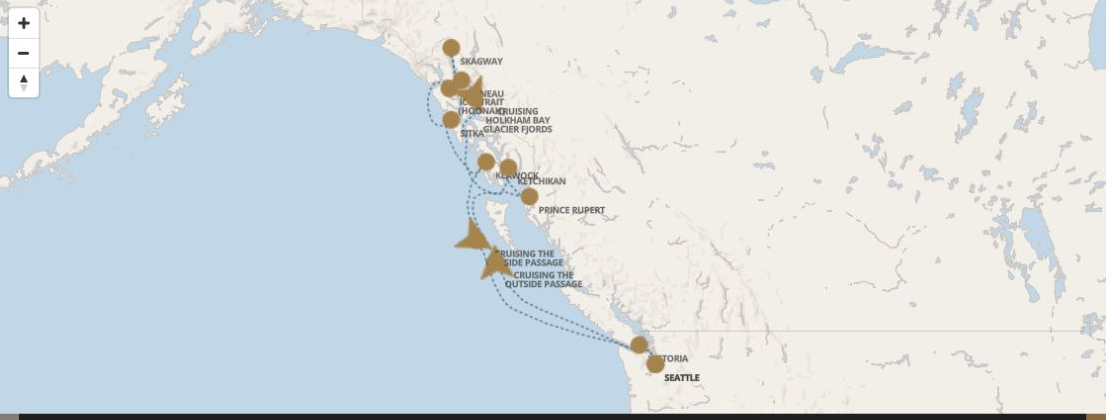 Regent Seven Seas Explorer voyage EXP260918 itinerary map from Seattle to Seattle
