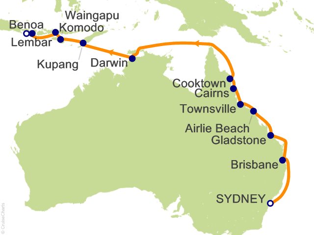 Regent Seven Seas Explorer voyage EXP270128A itinerary map from Sydney to Bali (Benoa)