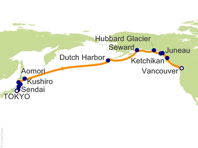 Regent Seven Seas Explorer voyage EXP270507 itinerary map from Tokyo to Vancouver