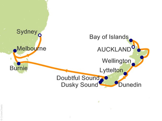 Regent Seven Seas Explorer voyage EXP270114 itinerary map from Auckland to Sydney