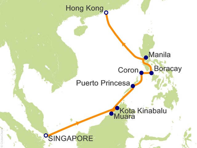 Regent Seven Seas Explorer voyage EXP271211 itinerary map from Singapore to Hong Kong