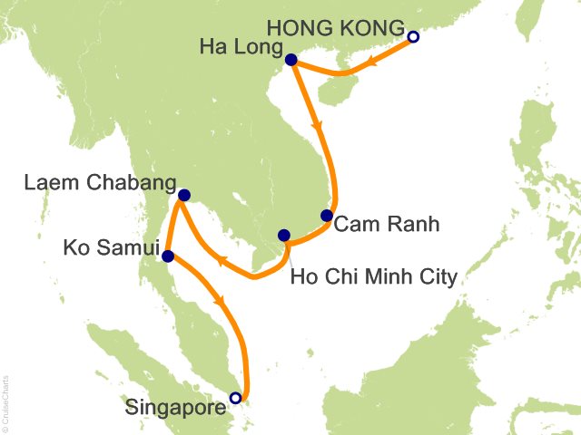Regent Seven Seas Explorer voyage EXP271130 itinerary map from Hong Kong to Singapore