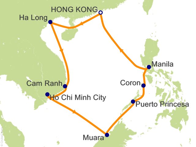 Regent Seven Seas Explorer voyage EXP271222 itinerary map from Hong Kong to Hong Kong