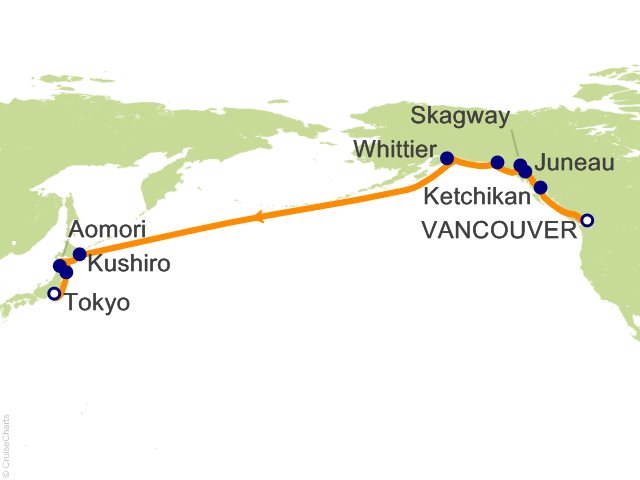 Regent Seven Seas Explorer voyage EXP270915 itinerary map from Vancouver to Tokyo