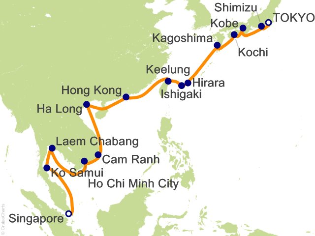 Regent Seven Seas Explorer voyage EXP271120A itinerary map from Tokyo to Singapore
