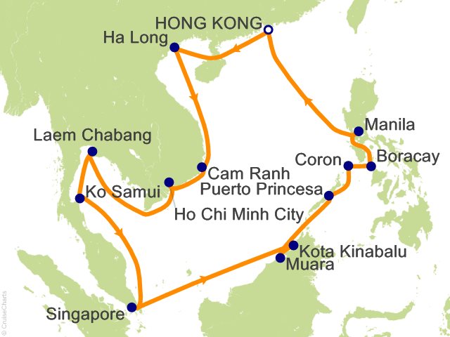 Regent Seven Seas Explorer voyage EXP271130A itinerary map from Hong Kong to Hong Kong