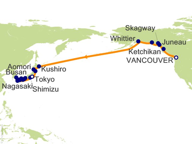 Regent Seven Seas Explorer voyage EXP270915A itinerary map from Vancouver to Tokyo