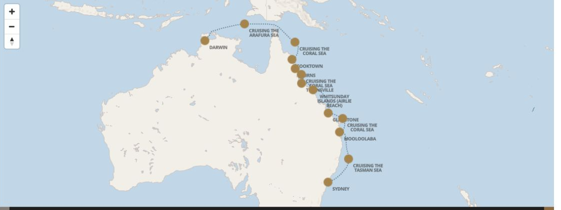 Regent Seven Seas Explorer voyage EXP270128 itinerary map from Sydney to Darwin