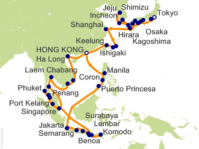 Regent Seven Seas Explorer voyage EXP280105D itinerary map from Hong Kong to Tokyo