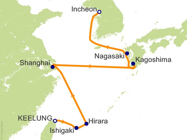 Regent Seven Seas Explorer voyage EXP280211 itinerary map from Taipei (Keelung) to Seoul (Incheon)