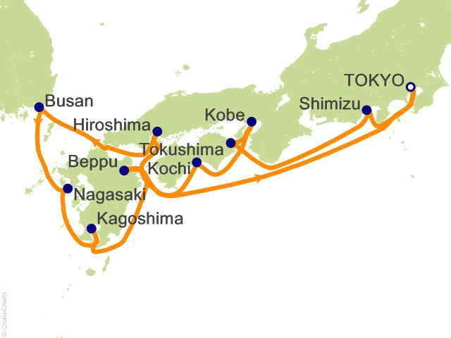 Regent Seven Seas Explorer voyage EXP280306 itinerary map from Tokyo to Tokyo