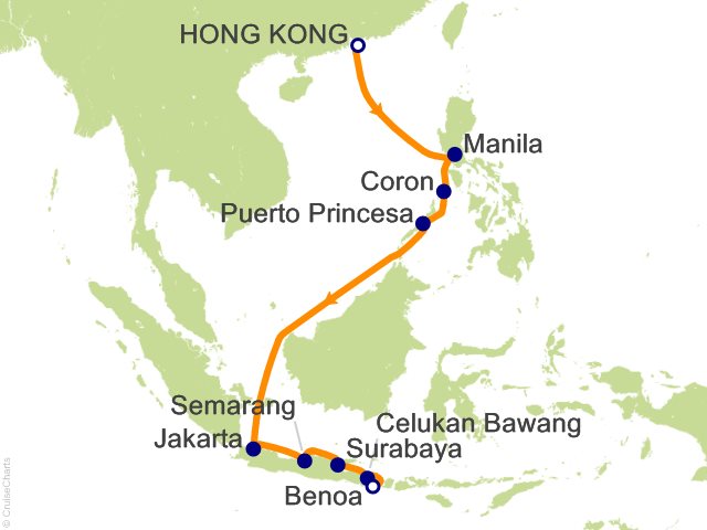Regent Seven Seas Explorer voyage EXP280105 itinerary map from Hong Kong to Bali (Benoa)