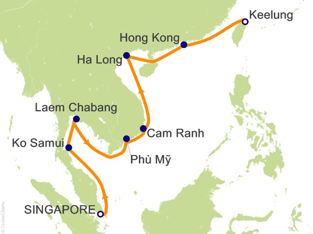 Regent Seven Seas Explorer voyage EXP280129 itinerary map from Singapore to Taipei (Keelung)
