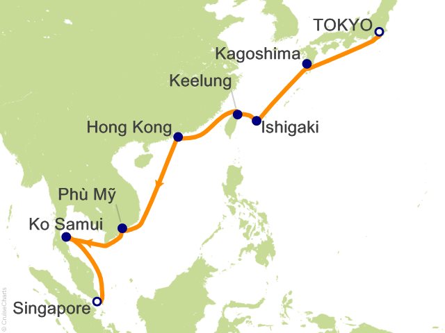 Regent Seven Seas Explorer voyage EXP280331 itinerary map from Tokyo to Singapore