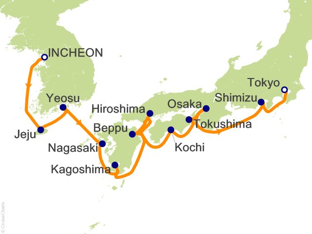 Regent Seven Seas Explorer voyage EXP280221 itinerary map from Seoul (Incheon) to Tokyo