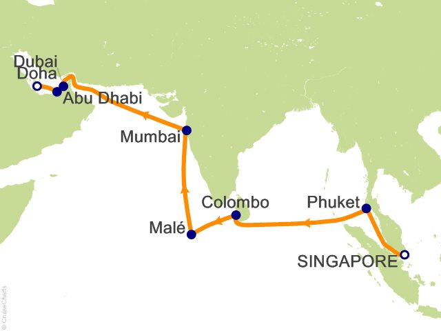 Regent Seven Seas Explorer voyage EXP280414 itinerary map from Singapore to Doha