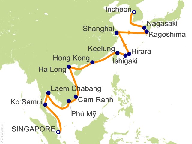Regent Seven Seas Explorer voyage EXP280129A itinerary map from Singapore to Seoul (Incheon)