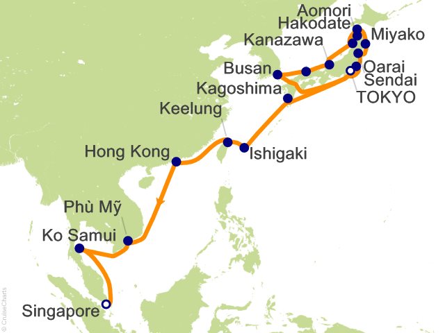 Regent Seven Seas Explorer voyage EXP280317A itinerary map from Tokyo to Singapore