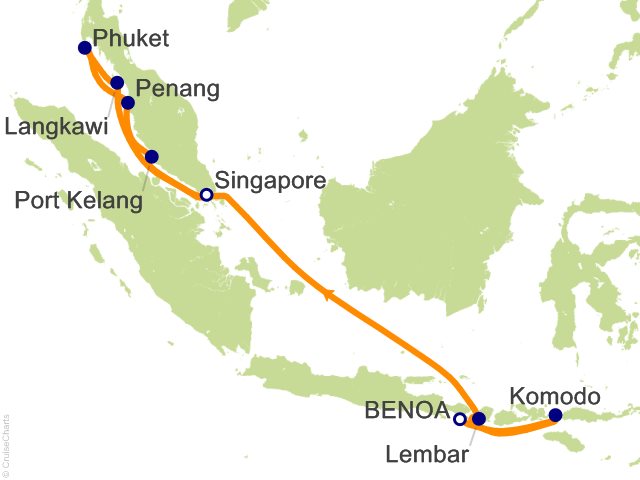 Regent Seven Seas Explorer voyage EXP280117 itinerary map from Bali (Benoa) to Singapore