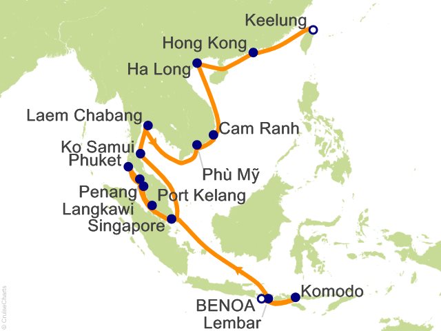 Regent Seven Seas Explorer voyage EXP280117A itinerary map from Bali (Benoa) to Taipei (Keelung)