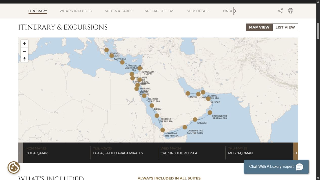 Regent Seven Seas Explorer voyage EXP280522 itinerary map from Doha to Athens (Piraeus)