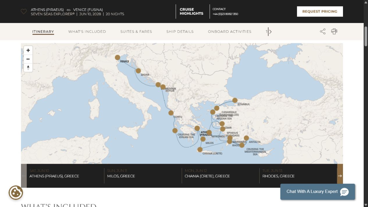 Regent Seven Seas Explorer voyage EXP280610A itinerary map from Athens (Piraeus) to Venice (Fusina)