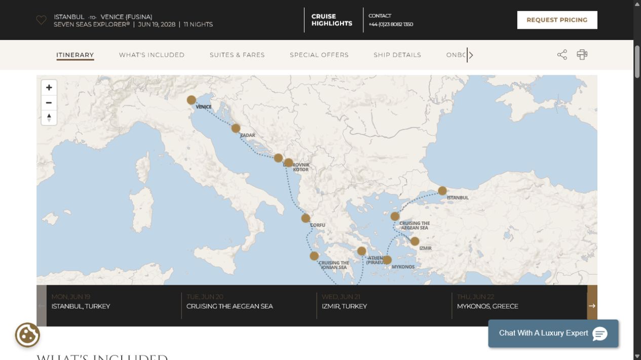 Regent Seven Seas Explorer voyage EXP280619 itinerary map from Istanbul to Venice (Fusina)