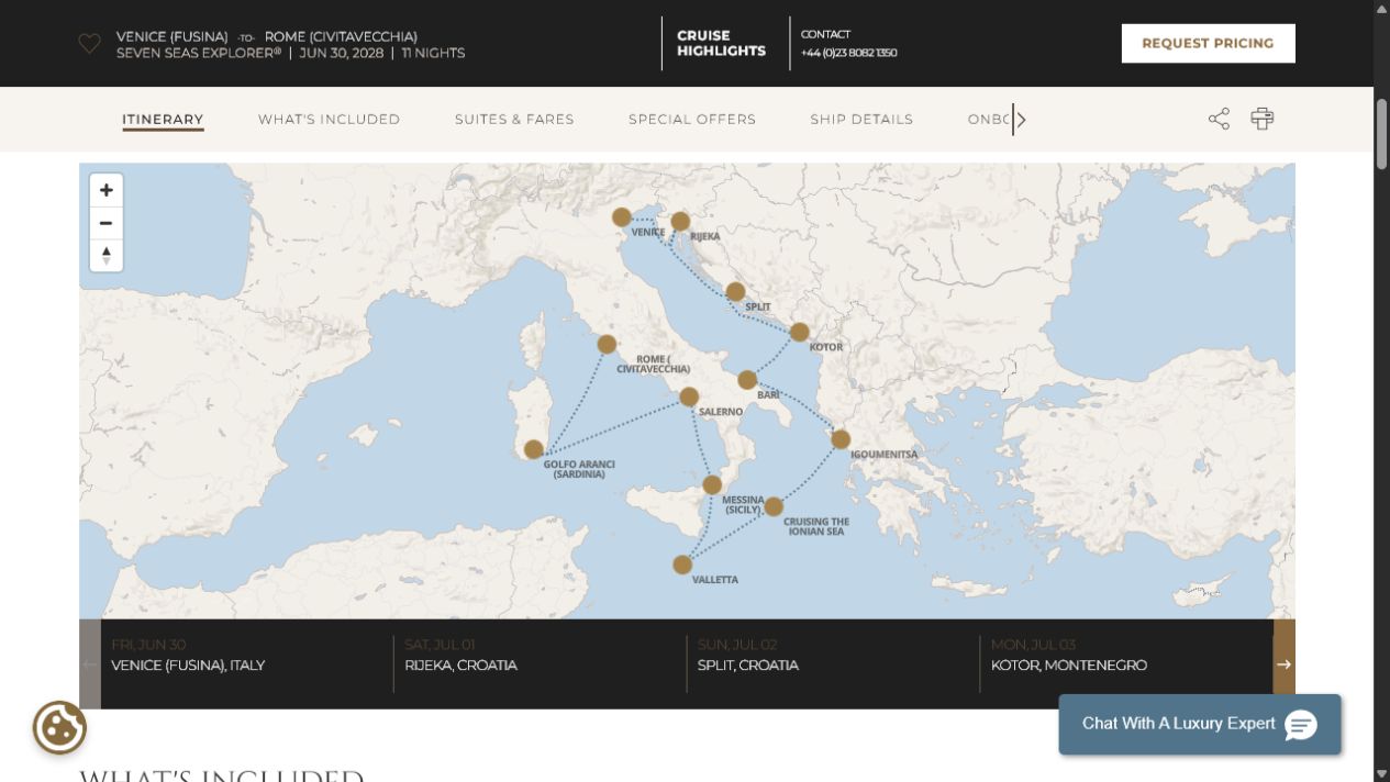 Regent Seven Seas Explorer voyage EXP280630 itinerary map from Venice (Fusina) to Rome (Civitavecchia)