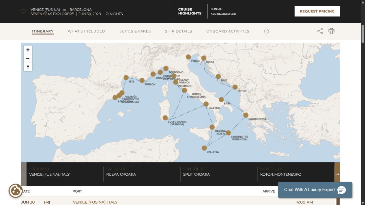 Regent Seven Seas Explorer voyage EXP280630A itinerary map from Venice (Fusina) to Barcelona