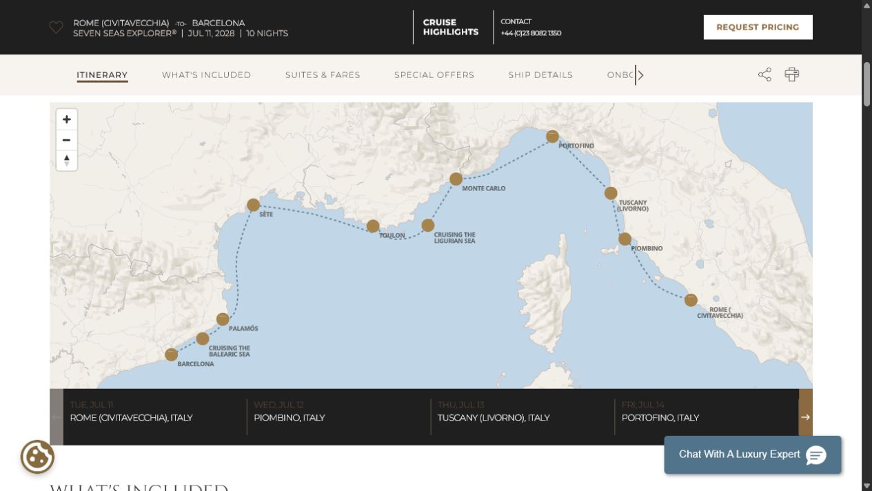 Regent Seven Seas Explorer voyage EXP280711 itinerary map from Rome (Civitavecchia) to Barcelona