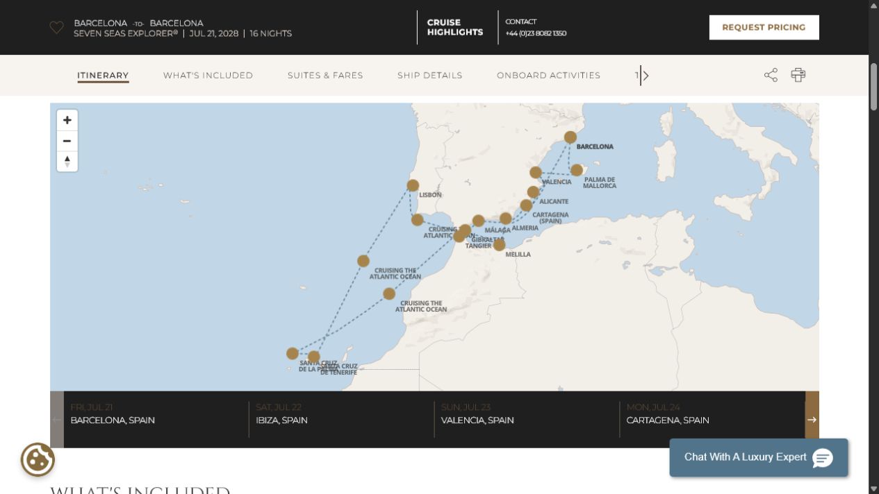 Regent Seven Seas Explorer voyage EXP280721A itinerary map from Barcelona to Barcelona