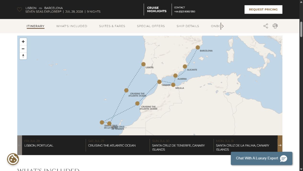 Regent Seven Seas Explorer voyage EXP280728 itinerary map from Lisbon to Barcelona