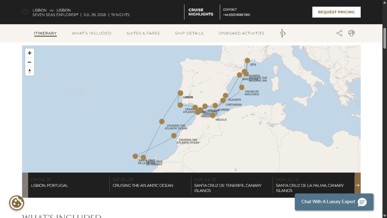 Regent Seven Seas Explorer voyage EXP280728A itinerary map from Lisbon to Lisbon