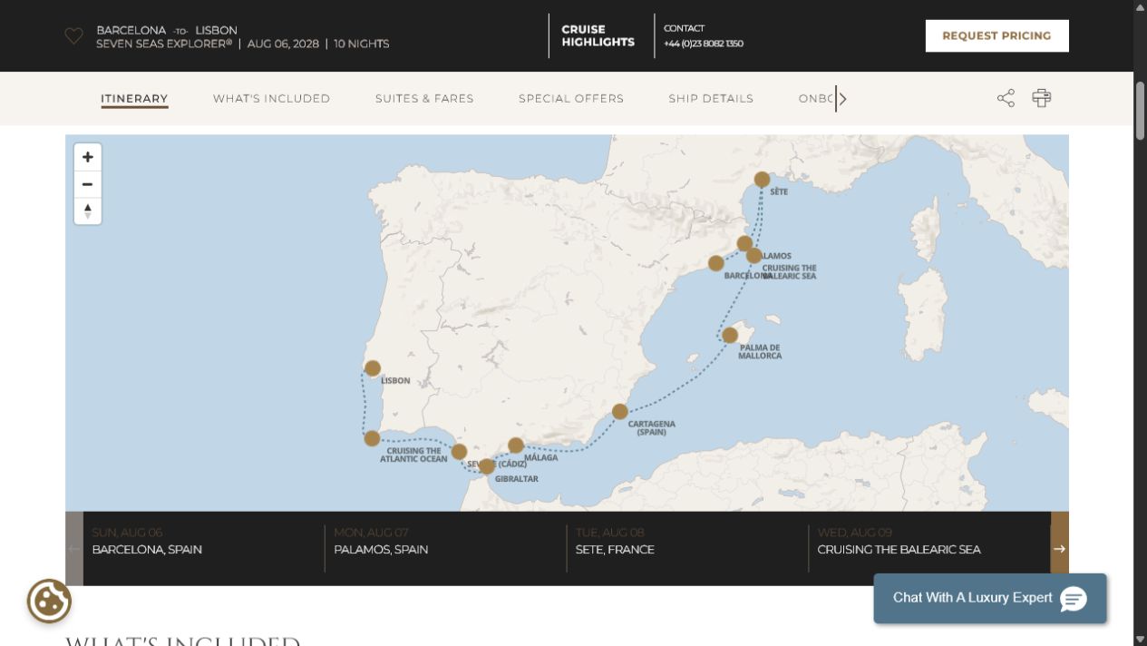 Regent Seven Seas Explorer voyage EXP280806 itinerary map from Barcelona to Lisbon