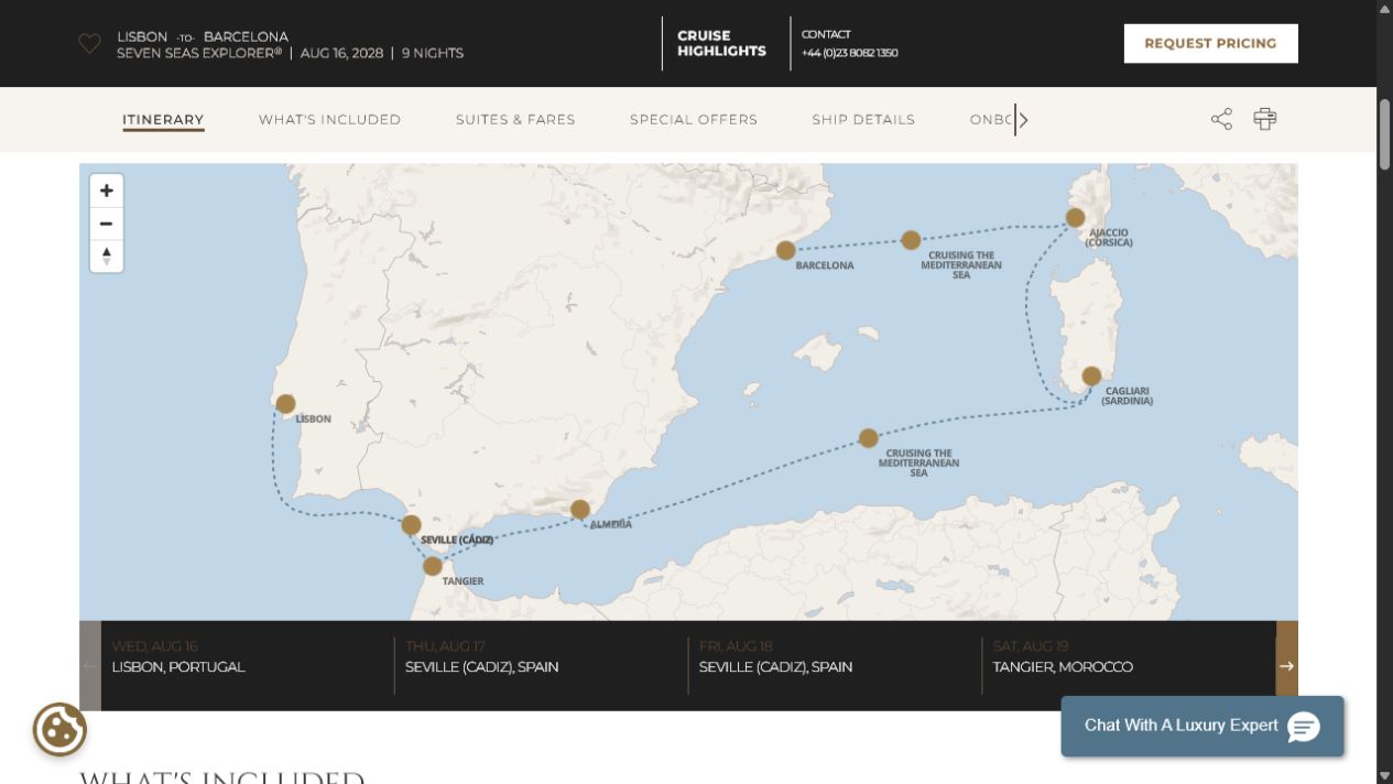 Regent Seven Seas Explorer voyage EXP280816 itinerary map from Lisbon to Barcelona