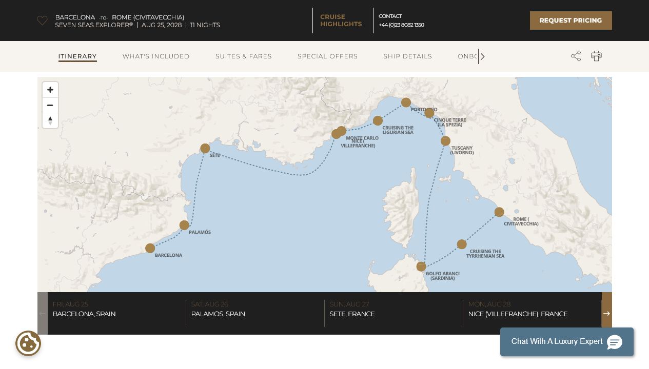 Regent Seven Seas Explorer voyage EXP280825 itinerary map from Barcelona to Rome (Civitavecchia)