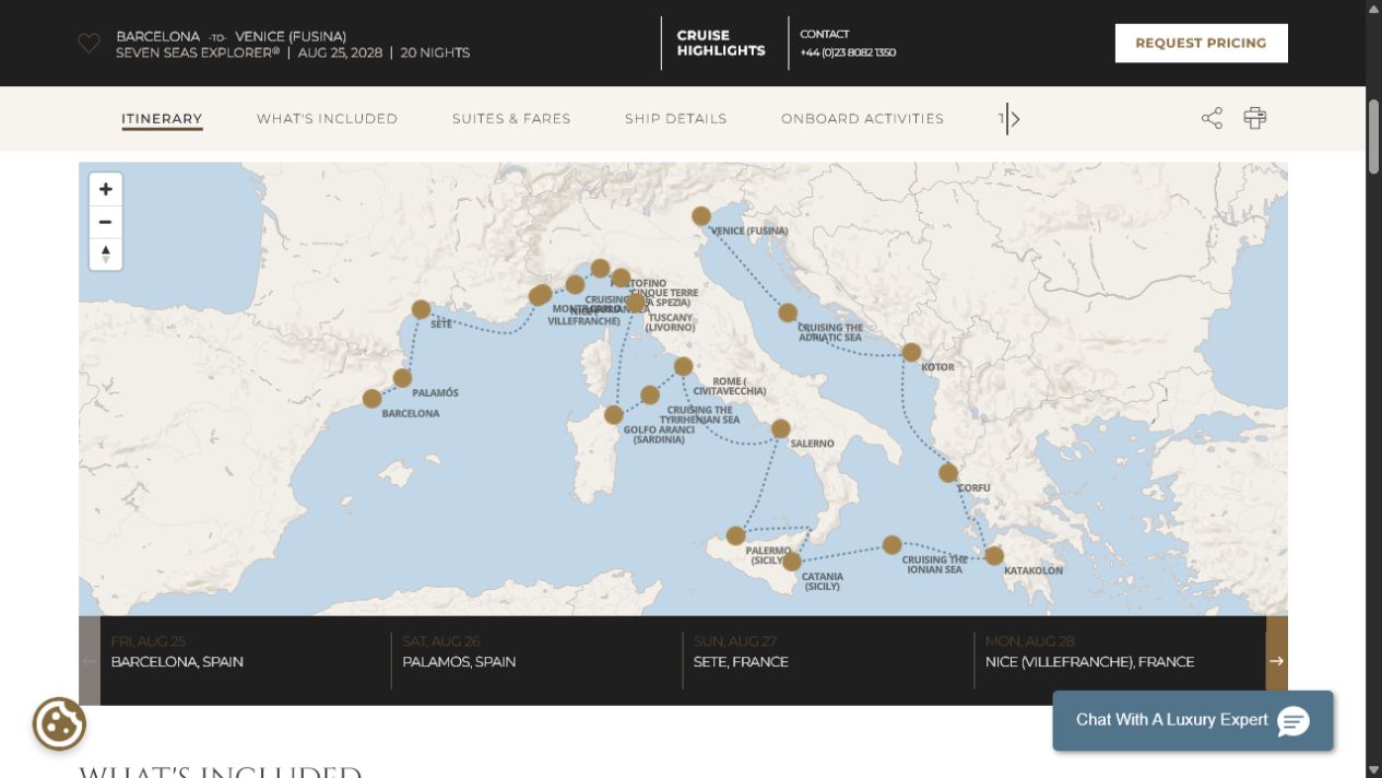 Regent Seven Seas Explorer voyage EXP280825A itinerary map from Barcelona to Venice (Fusina)