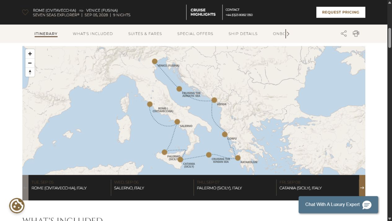 Regent Seven Seas Explorer voyage EXP280905 itinerary map from Rome (Civitavecchia) to Venice (Fusina)