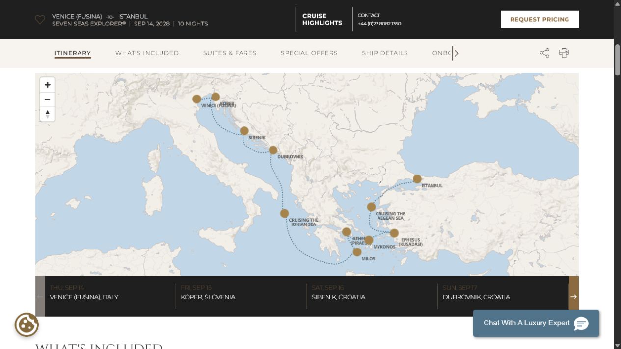 Regent Seven Seas Explorer voyage EXP280914 itinerary map from Venice (Fusina) to Istanbul